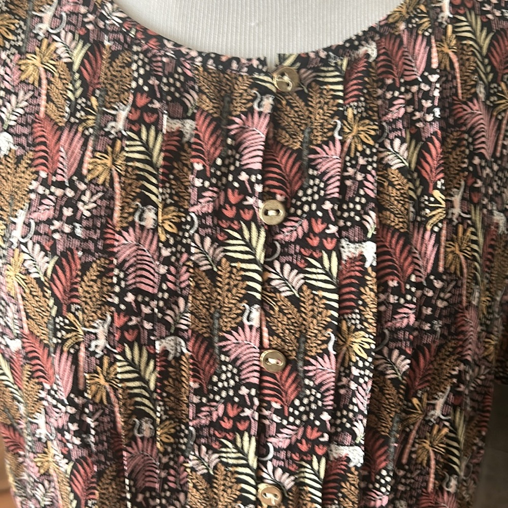 Ann Taylor LOFT Paradise Lost Jungle Safari Dress Pintuck Size Large Brown Pink - Picture 7 of 13